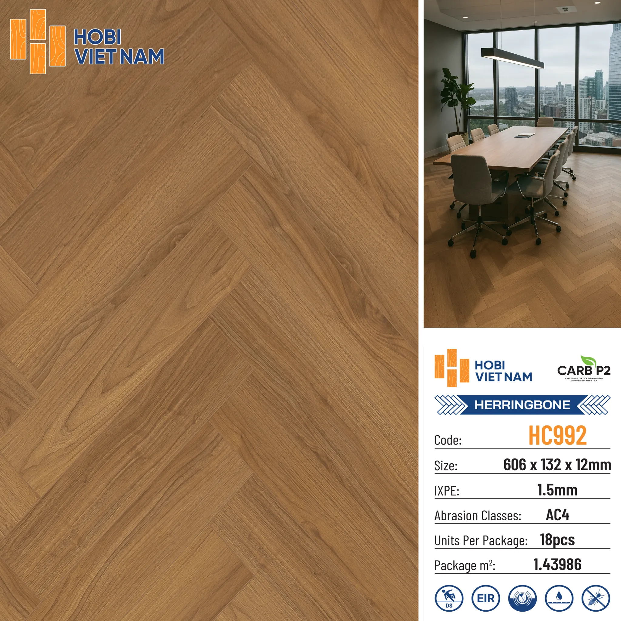Sàn gỗ HOBI HC996 xương cá 12mm cốt sạch CARB P2 Nội Thất NDA