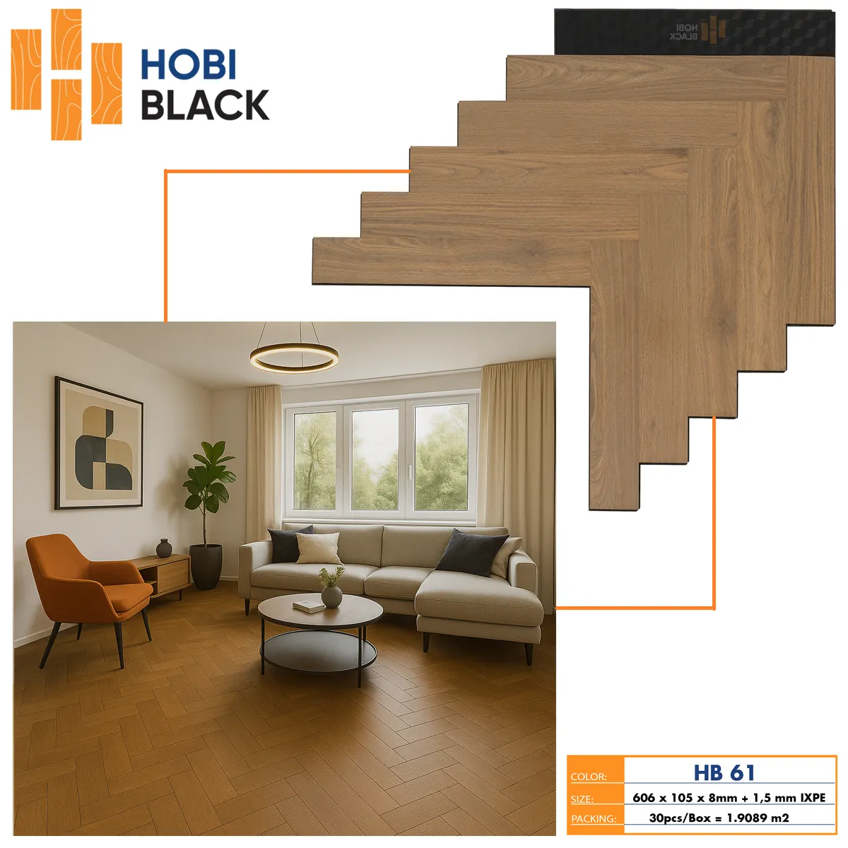 Sàn gỗ xương cá cốt đen Hobi Black HB 68 8mm lót IXPE Nội Thất NDA