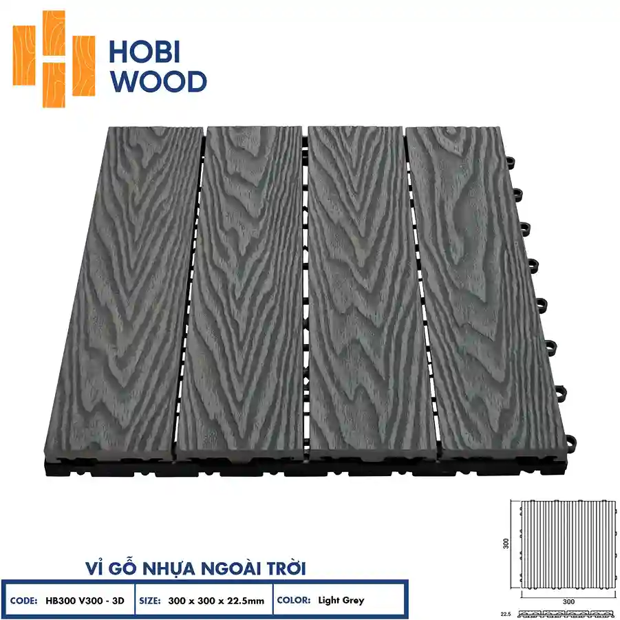 Vỉ gỗ nhựa lót sàn ban công Hobi Wood HB300 vân gỗ 3D 300x300 Nội Thất NDA